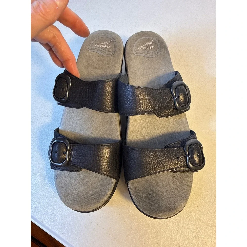 Dansko Womens Black Pebbled Leather Double Strap Buckle Platform Wedge Sandals